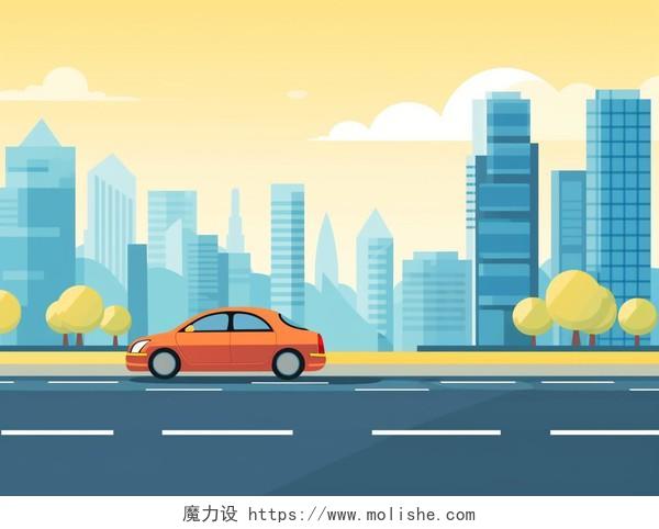橘色正侧面卡通平面矢量小汽车在城市街道上安全行驶的安全教育背景图